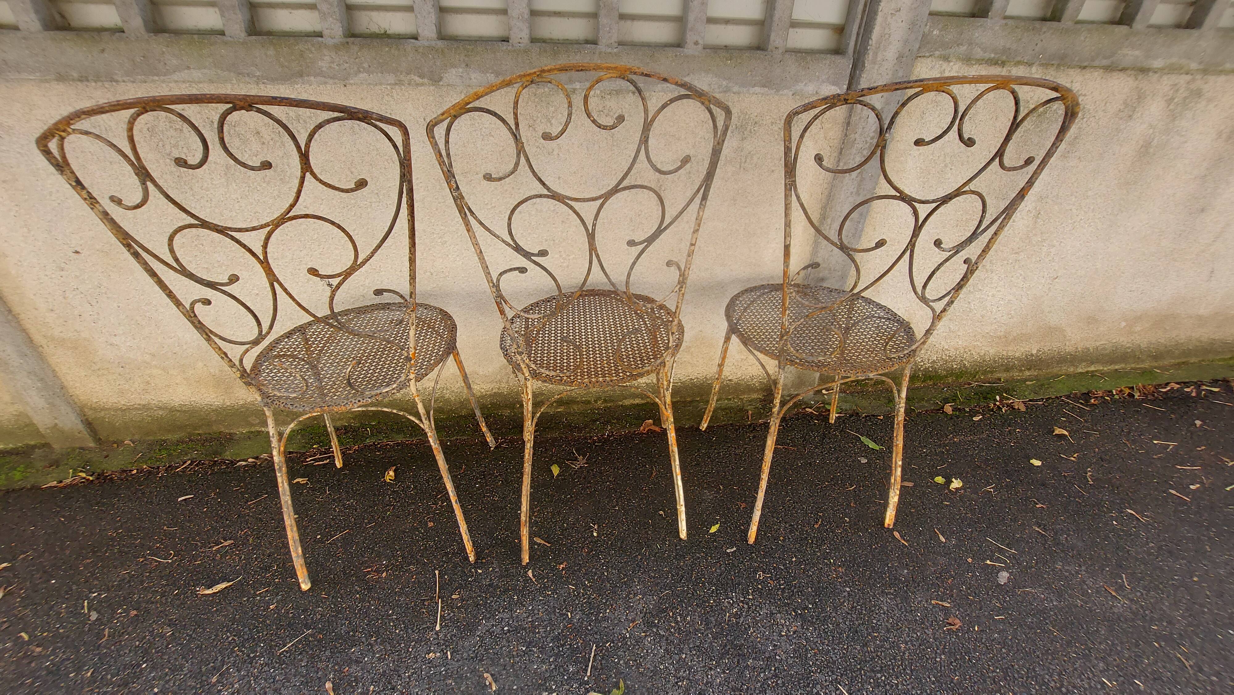 Set of 3 wrought iron garden chairs, rigitulle seat 1940/50