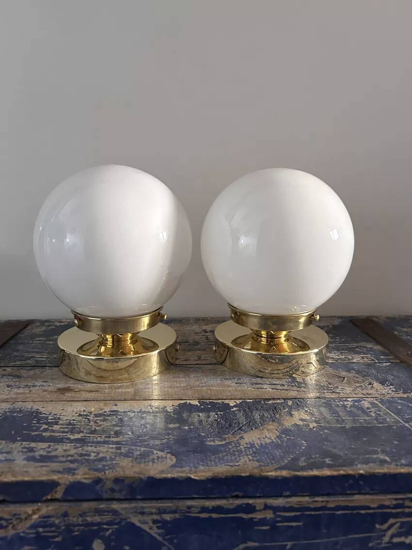 Set of two white opaline ball wall lights
