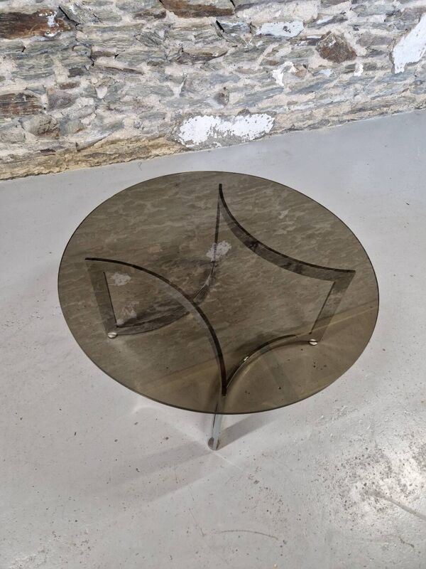 Table basse design Paul Legeard verre fumé et chrome