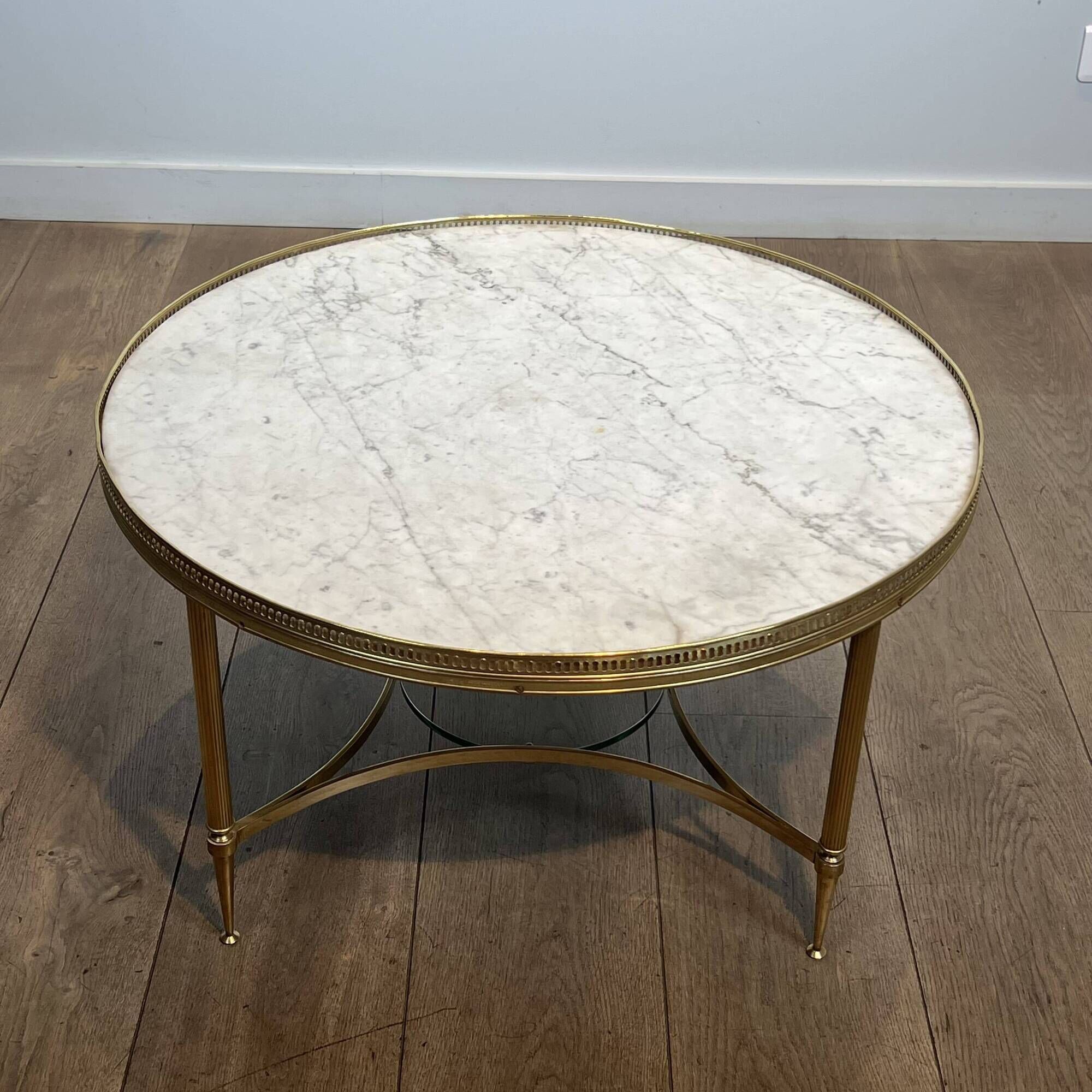 Neoclassical Round Coffee Table in Brass with Beaded Gallery. Marble Top