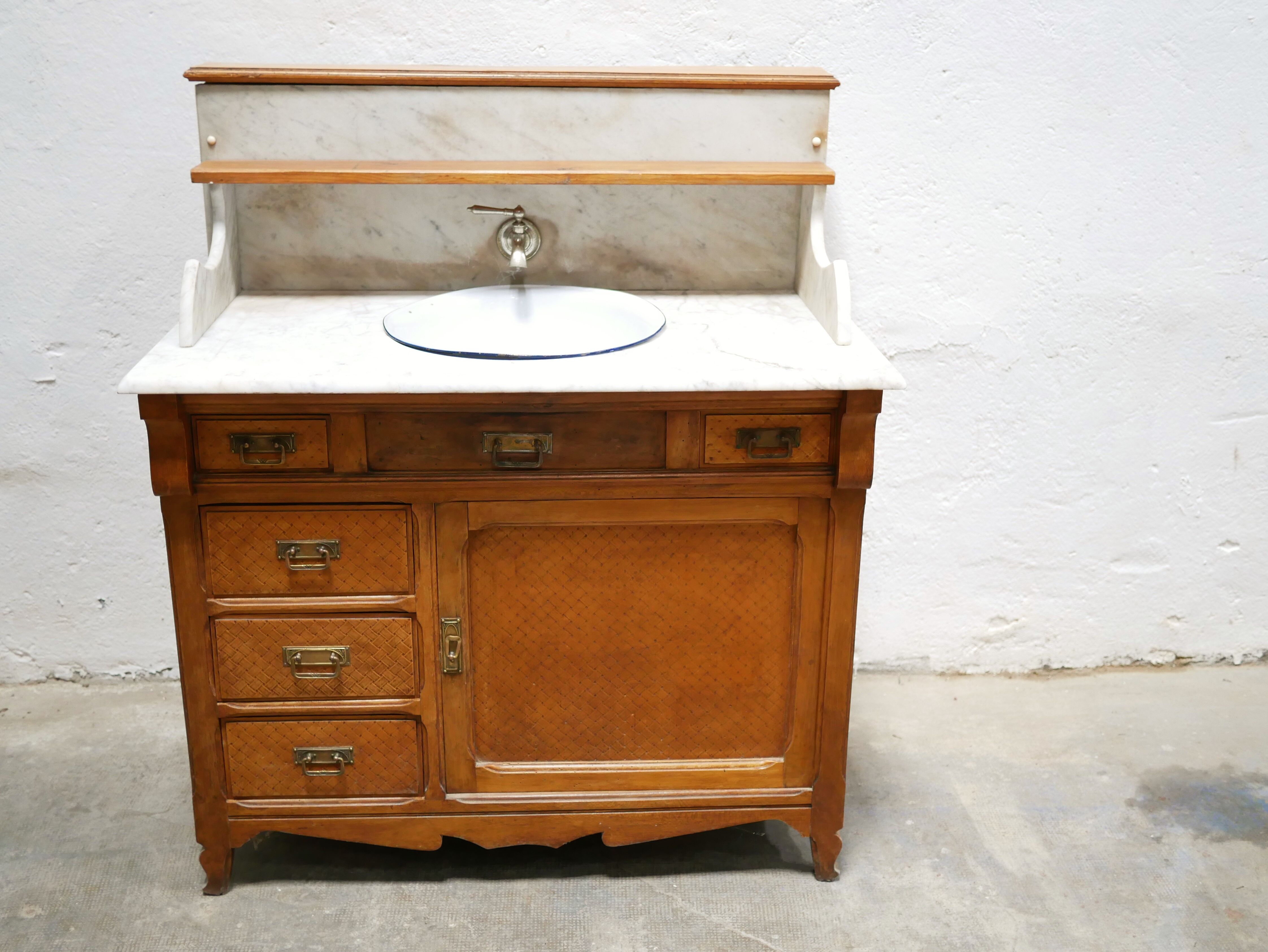 Antique washbasin cabinet in marble and wood