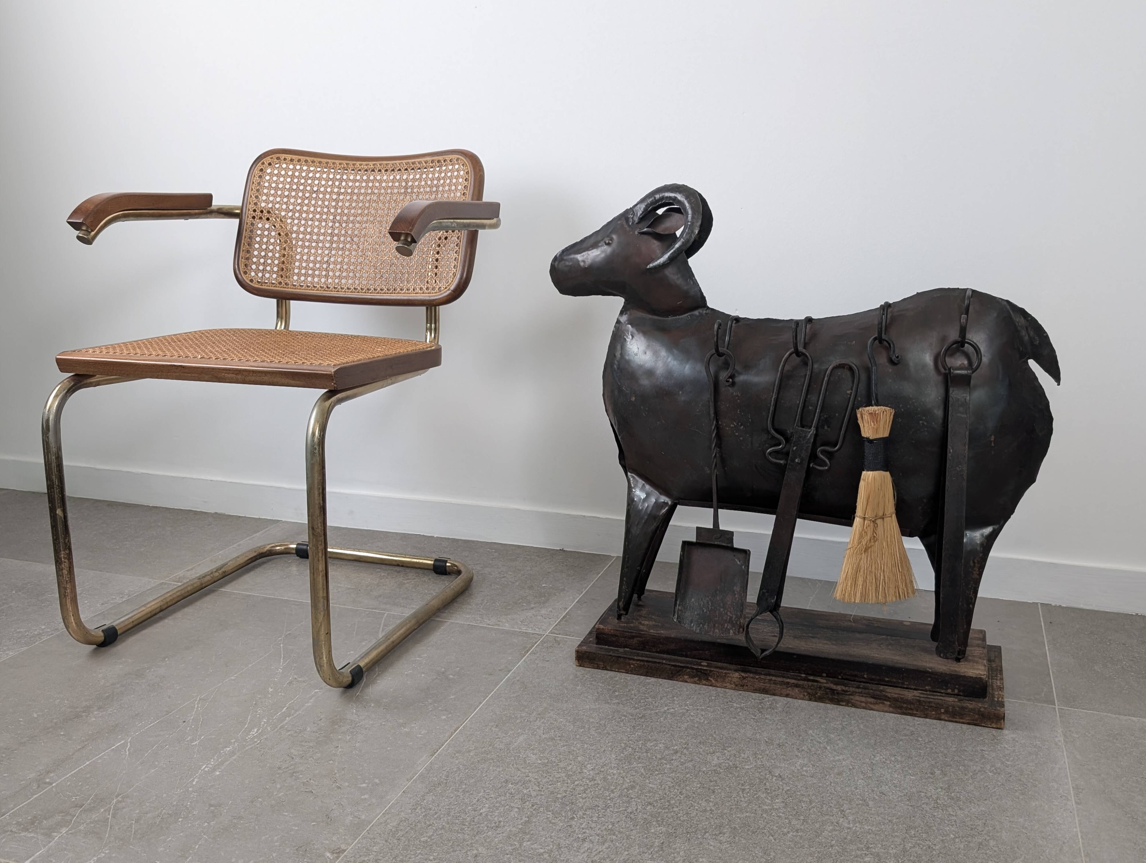 Brutalist Ram Shaped Fireplace Tool Set in Hand Forged Metal