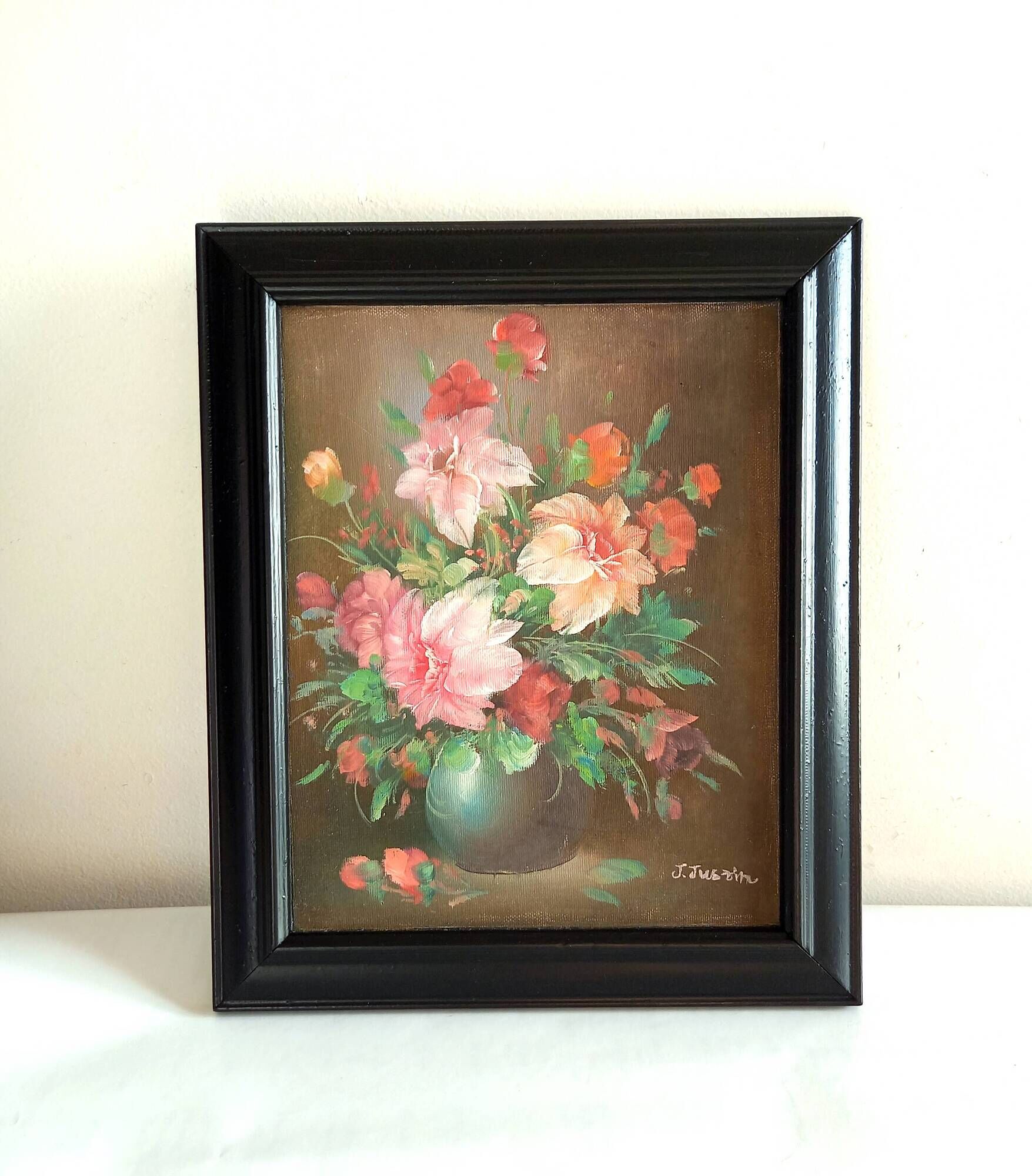 Old Painting Oil on Canvas Still Life Flowers J. Justin Signed