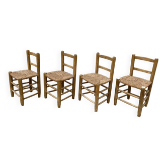 Lot de 4 chaises en bois brut et paille des années 50