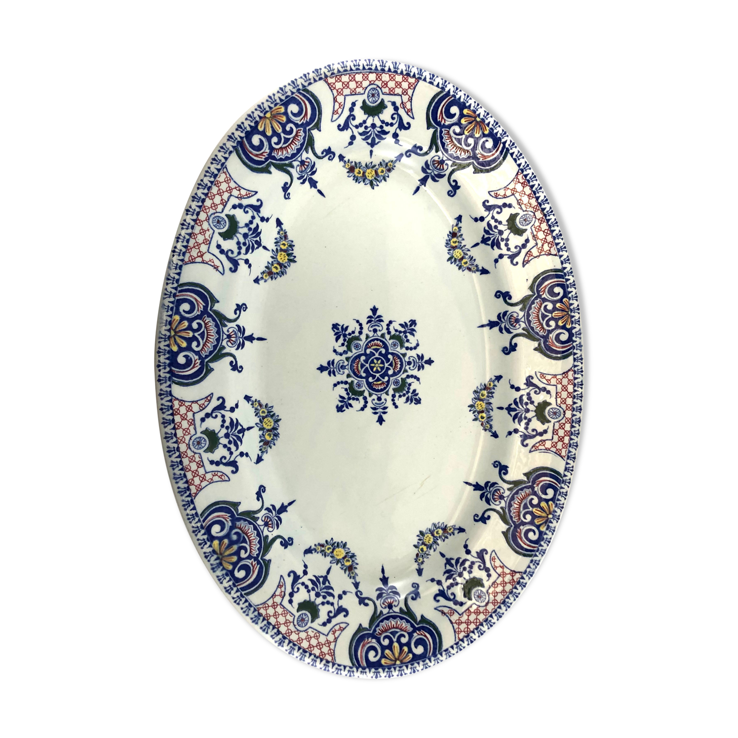 Oval dish Gien Modele Royal décor Rouen with blue arabesques 37cm