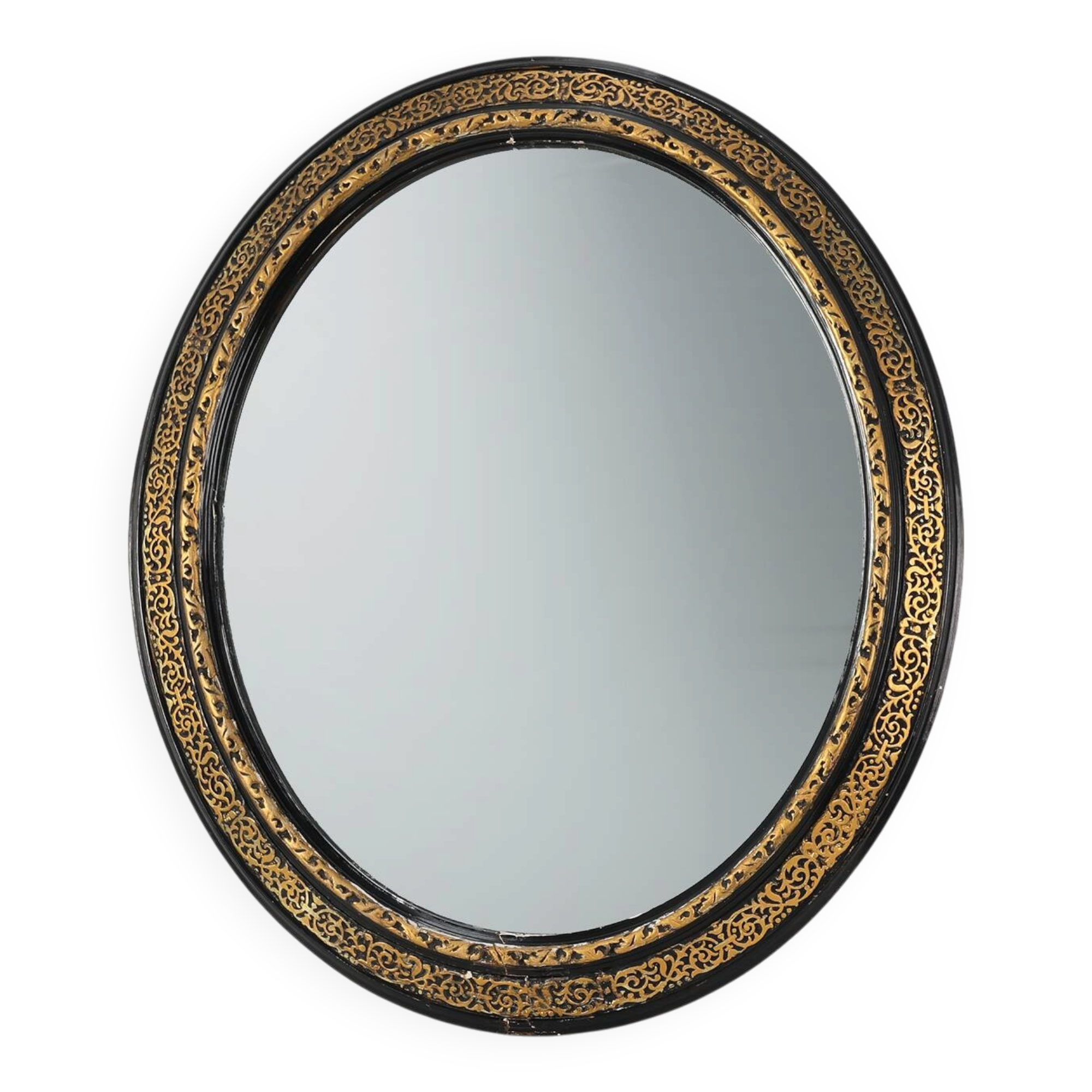 Miroir ovale néoclassique français en noir et or, 20e siècle