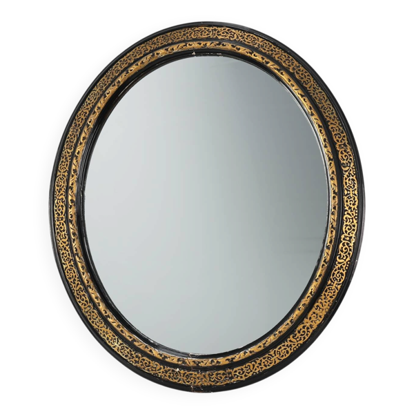 Miroir ovale néoclassique français en noir et or, 20e siècle