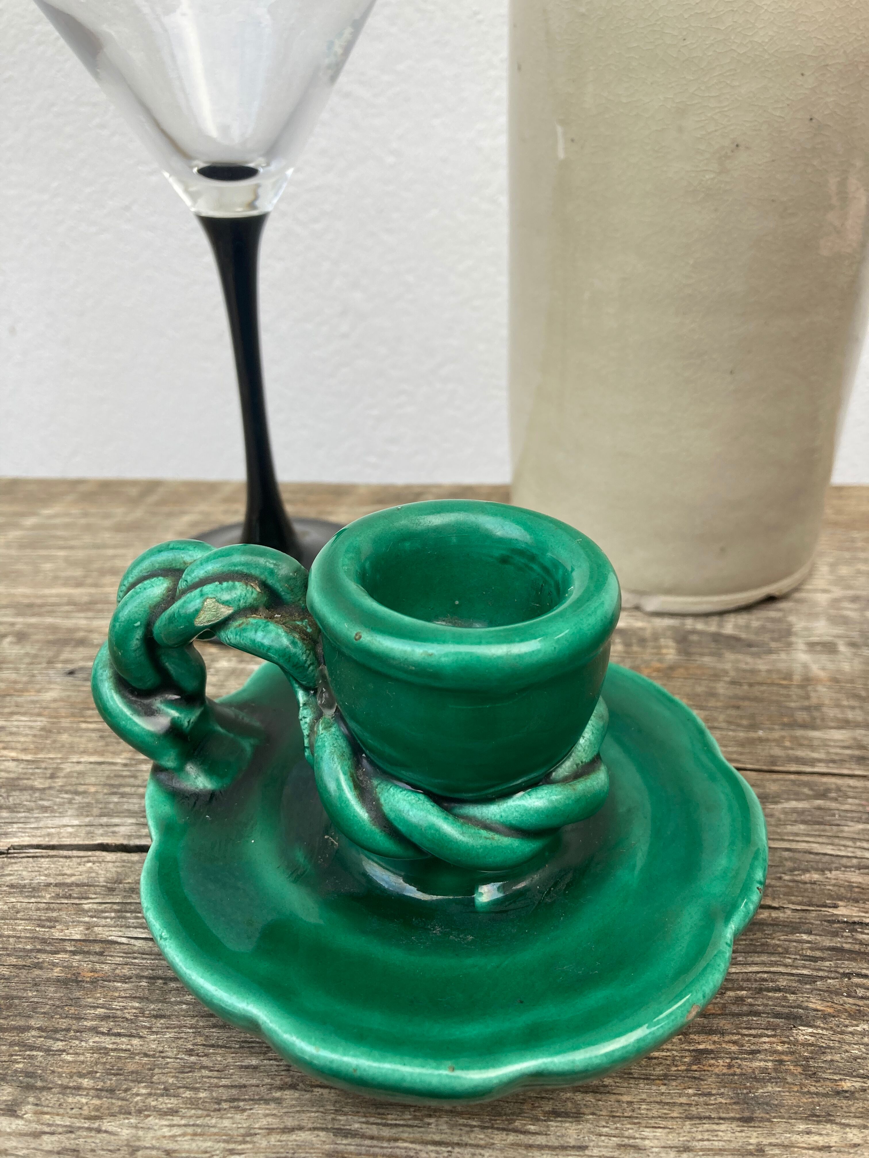 Vallauris candle holder in vintage green ceramic 1970