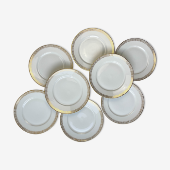 8 assiettes porcelaine limoges w. guerin & cie blanche dorée