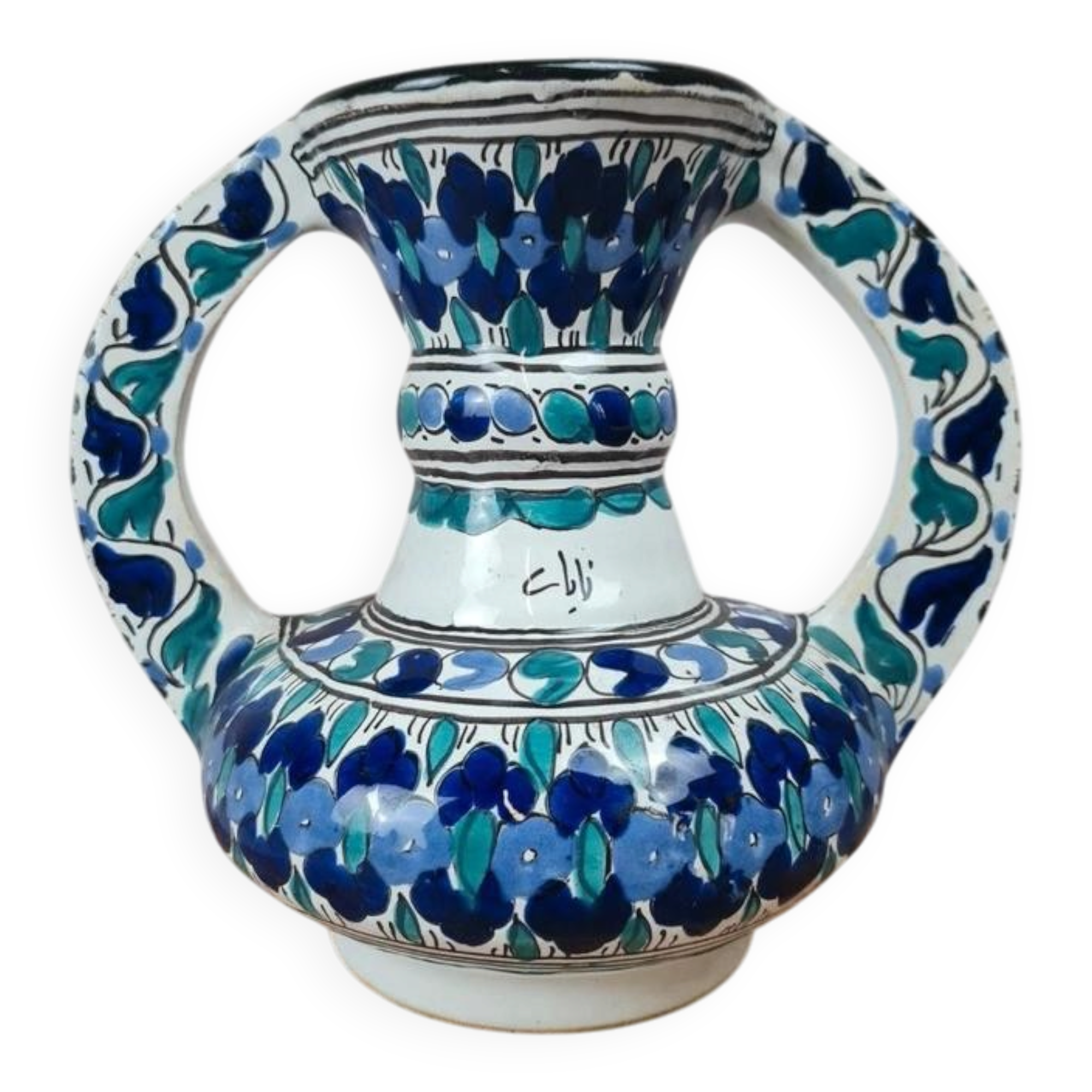 Artisanal Moroccan faience vase signed – blue & green decor