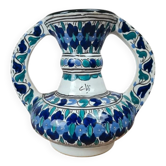Artisanal Moroccan faience vase signed – blue & green decor