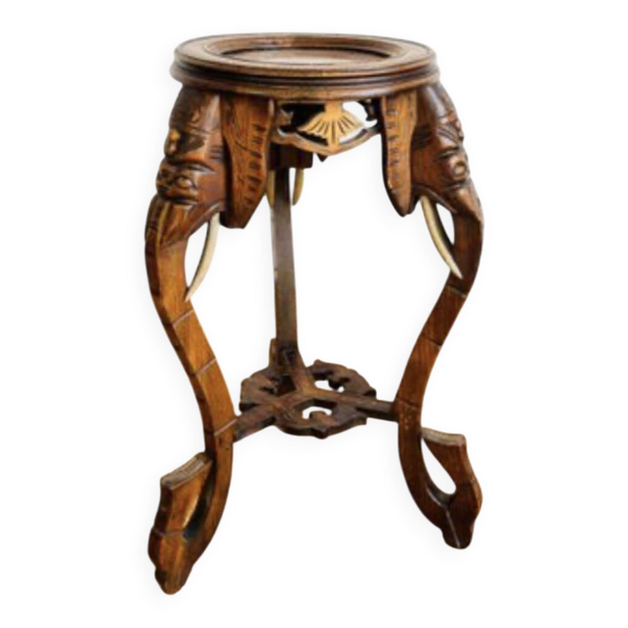 Carved wooden stool, red marble top, early 20th century