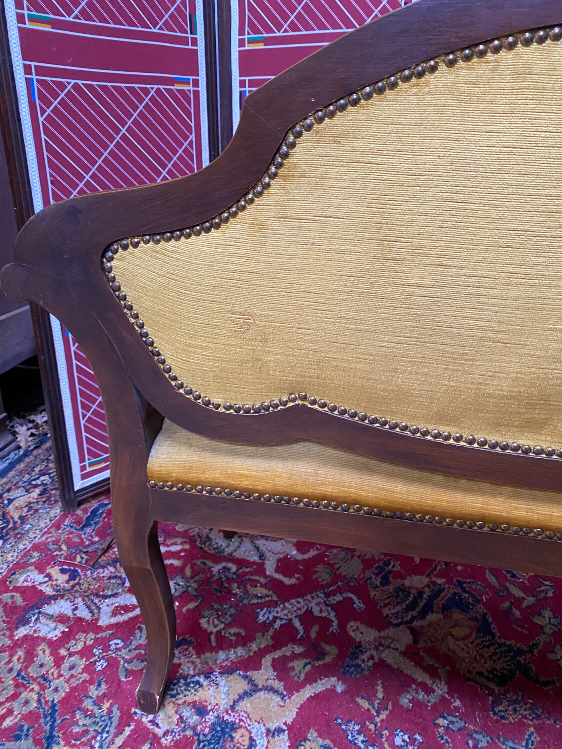 Louis XV style bench upholstered yellow velvet