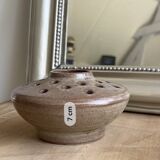 Vintage flower pot in perforated handcrafted stoneware, flattened round shape, p