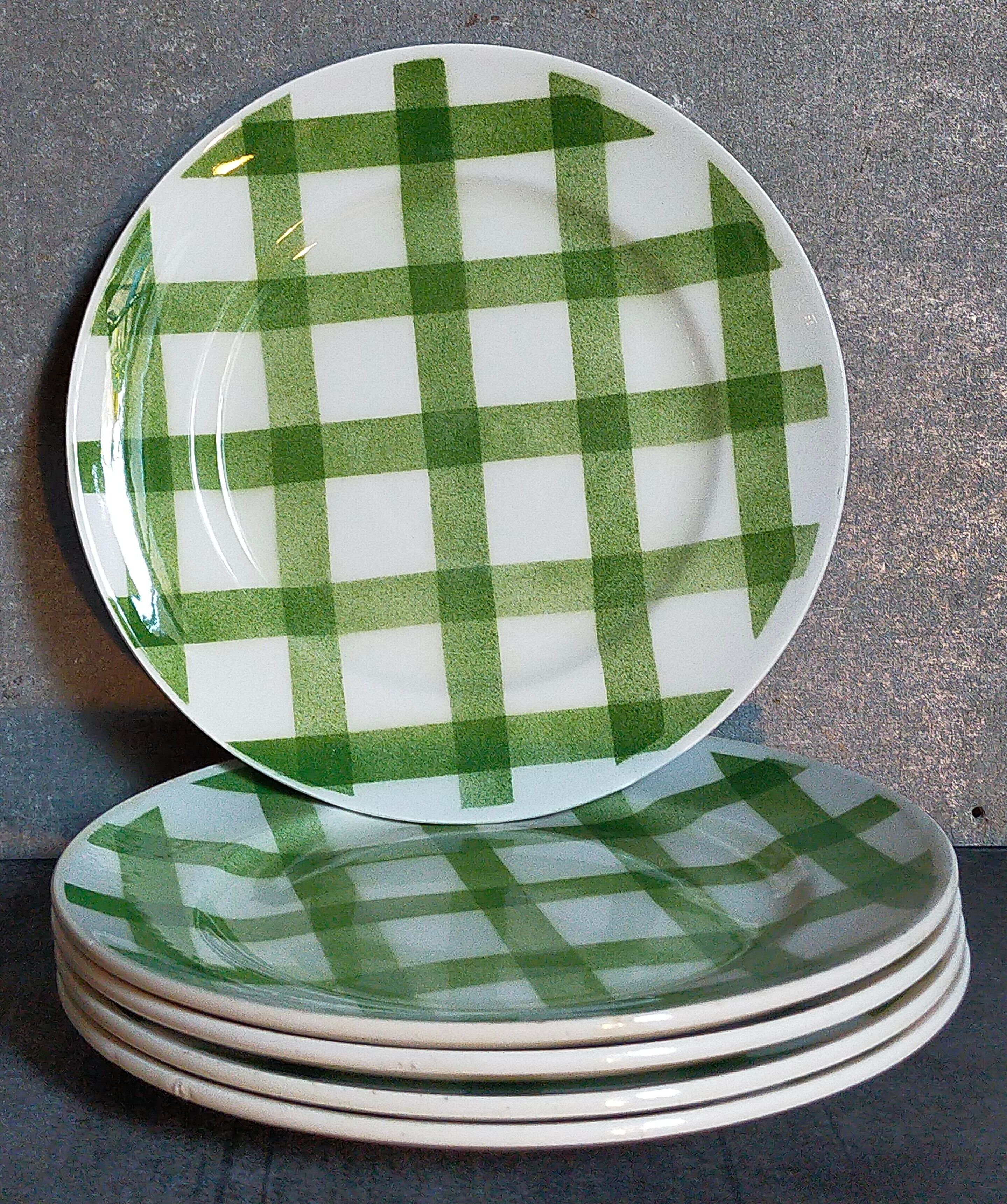 Five dessert plates Orchis-Moulin des Loups vintage checkered décor