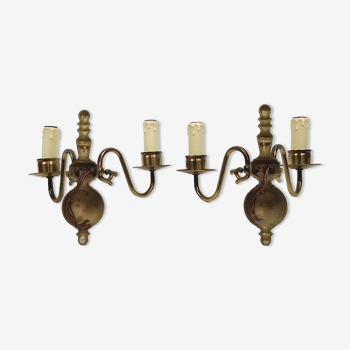 Pair of wall lamps 2 branches in brass