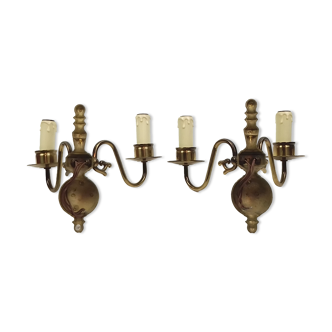 Pair of wall lamps 2 branches in brass