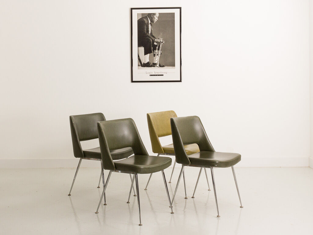 Vintage chairs imitation leather green khaki metal foot