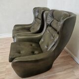 Vintage Dark Green Leather Lounge Armchair: 1970s Scandinavian Style