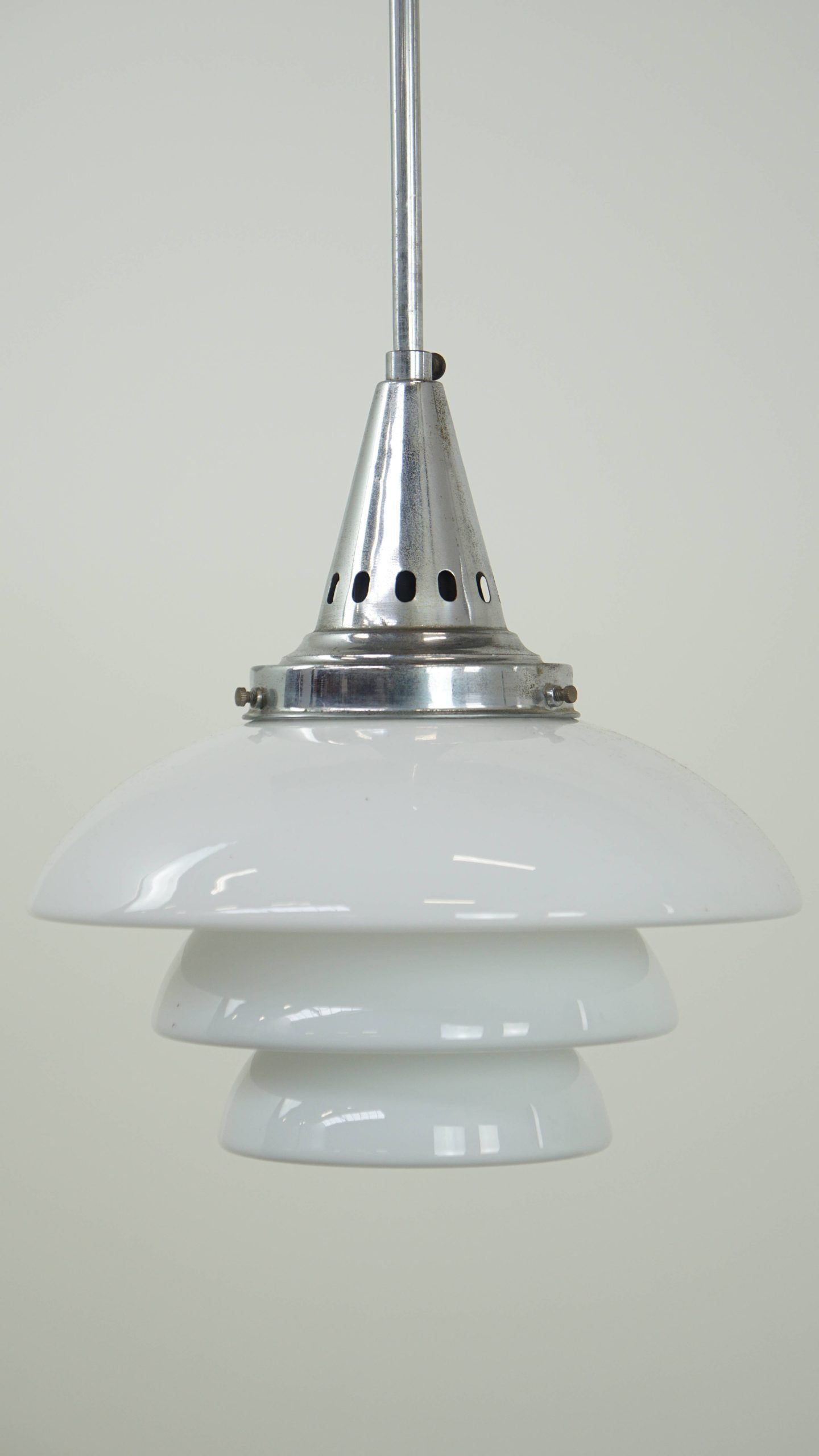Vintage design pendant lamp with layered milk glass and chrome