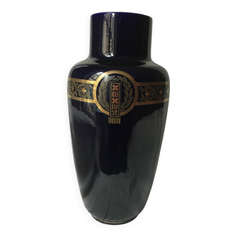 Grand vase en faience sarreguemines art nouveau bleu et or