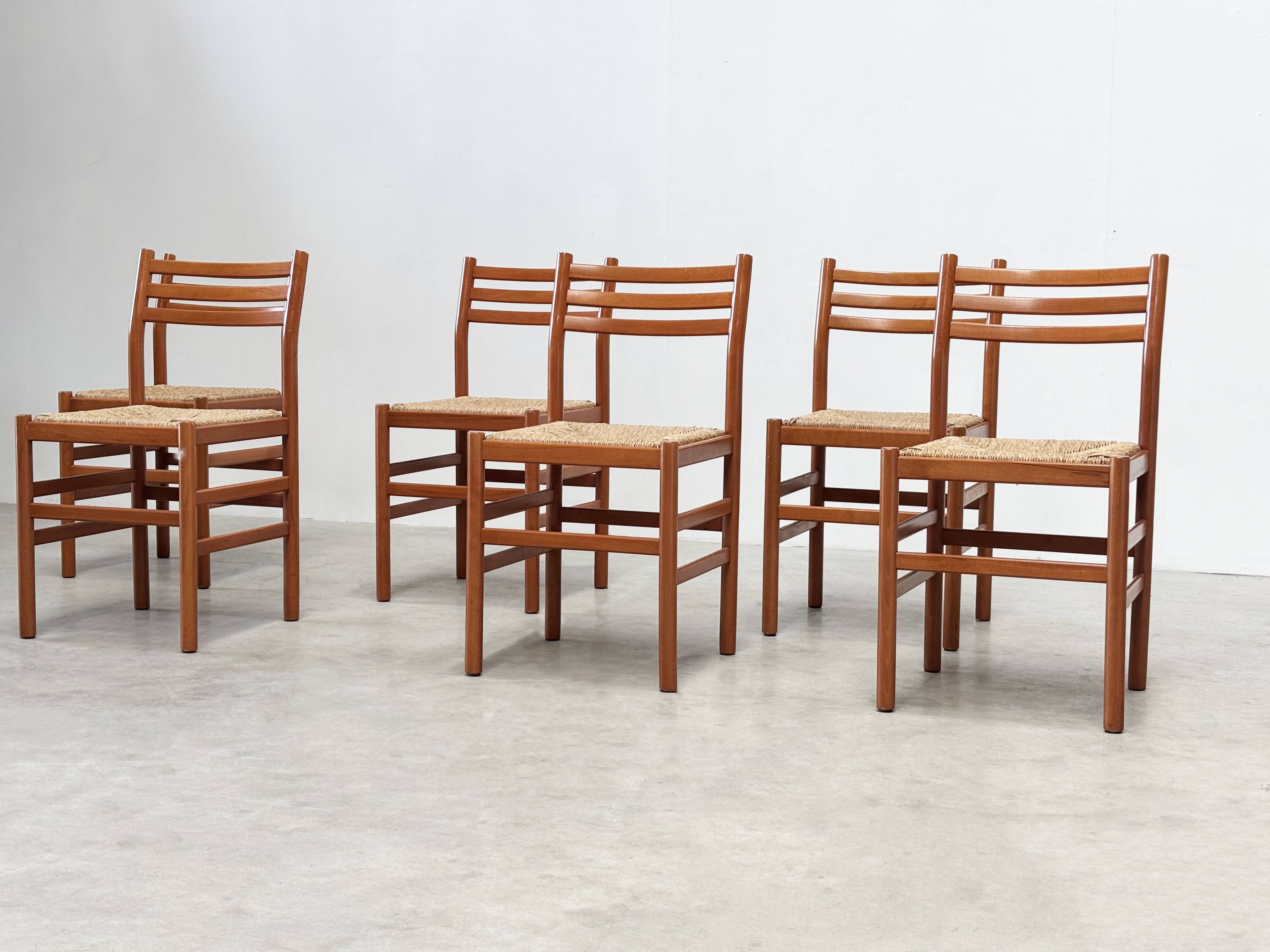 Set of six walnut and rattan dining chairs