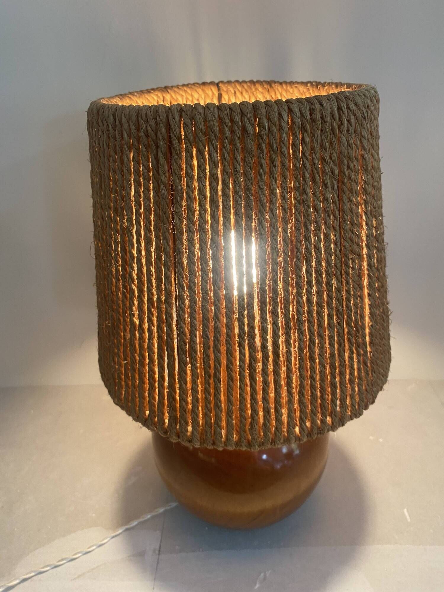 Wooden lamp, new braided fabric cable, cord lampshade, 1960s.