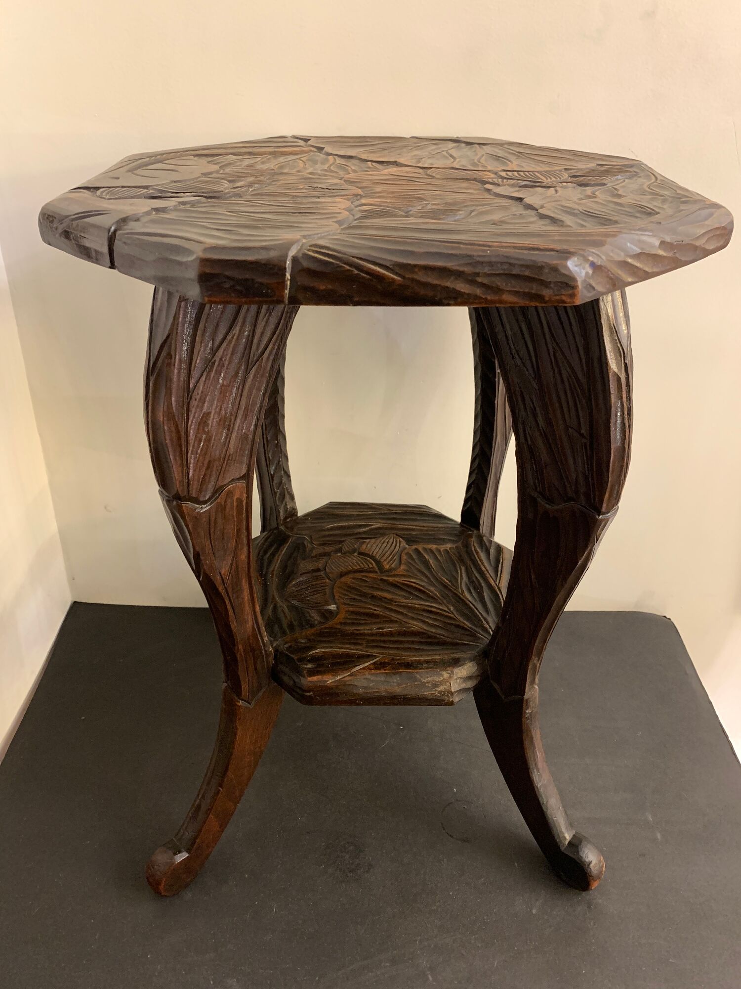 Japanese side table, carved wood, Liberty of London, 1900