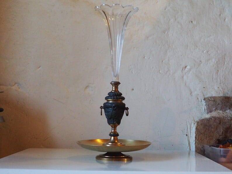 French antique crystal bronze and brass cornet soliflore vase from the early 1920s.