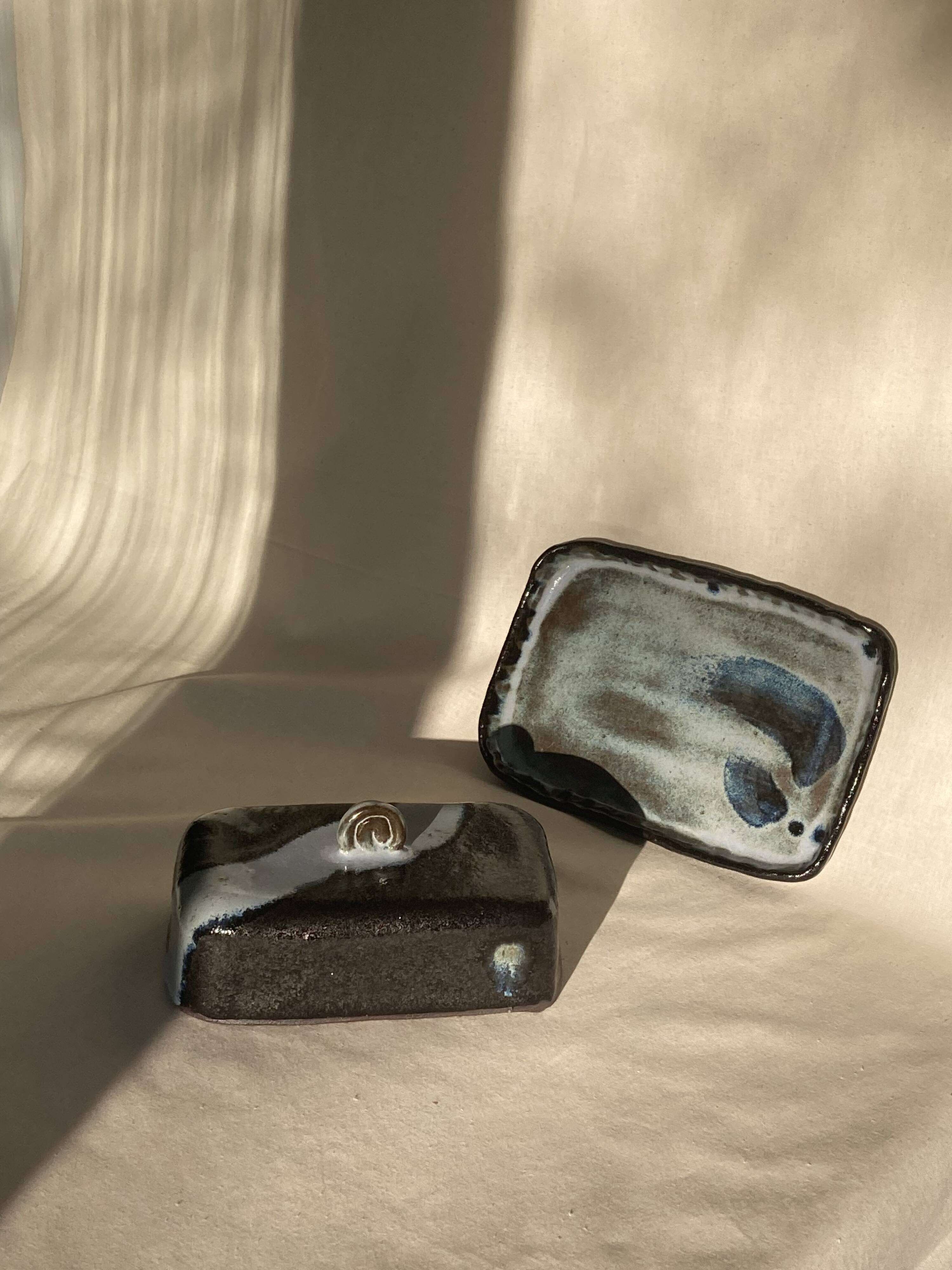 Pink and blue butter dish