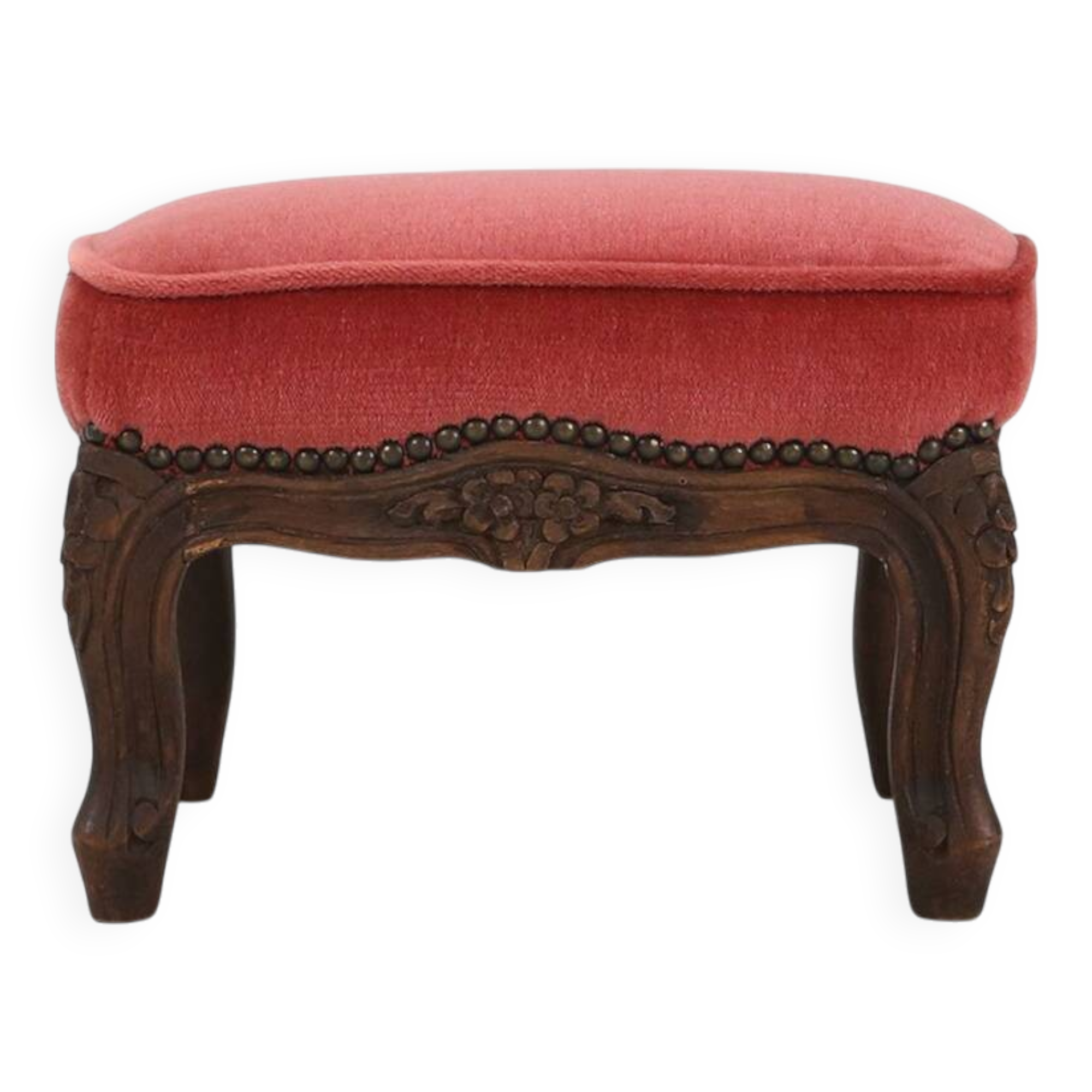 Baroque style foot stool in carved wood with coral velvet upholstery