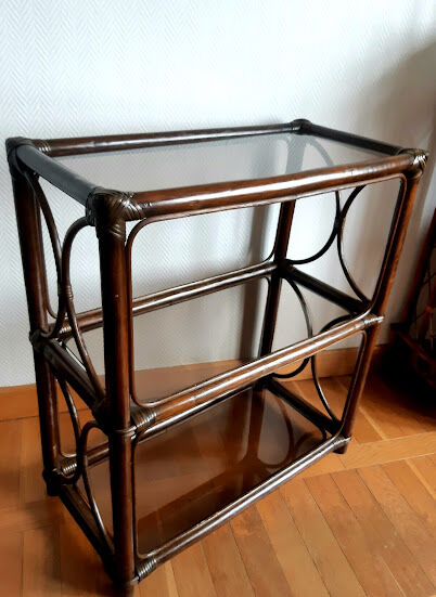 Rattan bookcase and smoked glass 1960