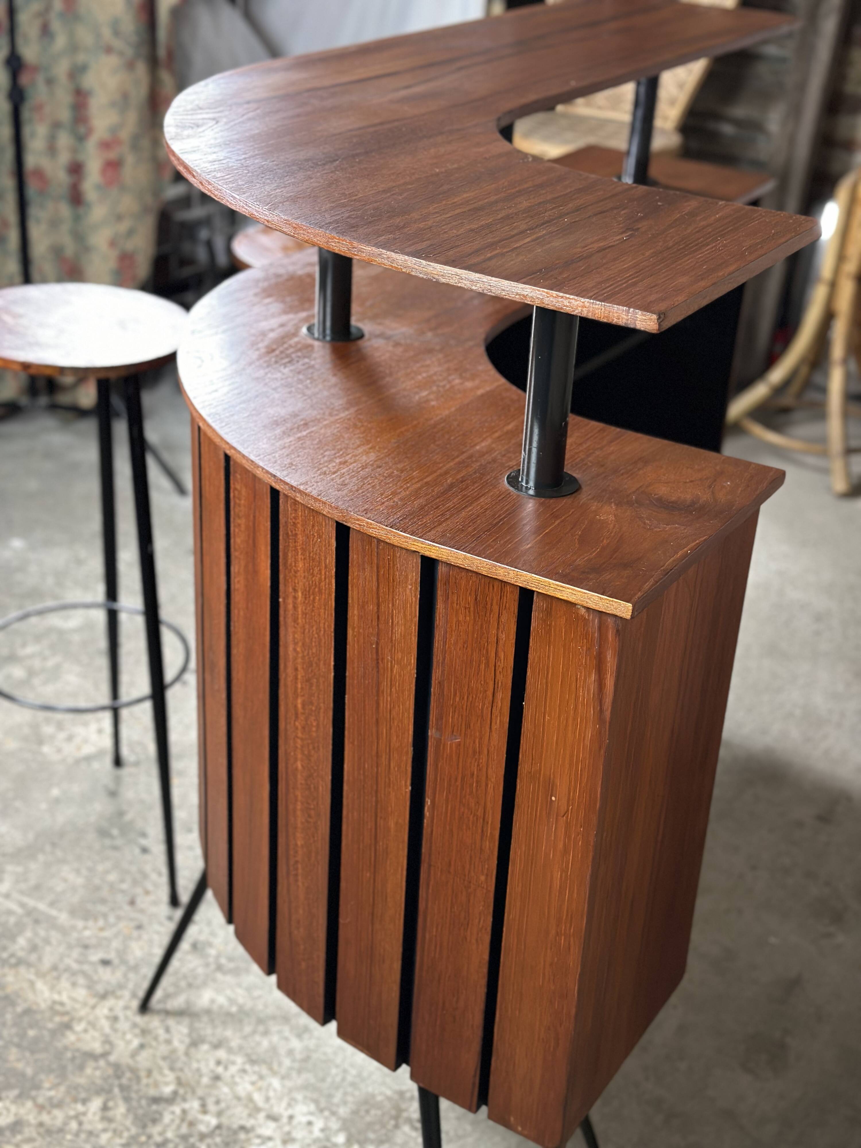 Cocktail bar in teak and metal and its 2 vintage stools 1950'S