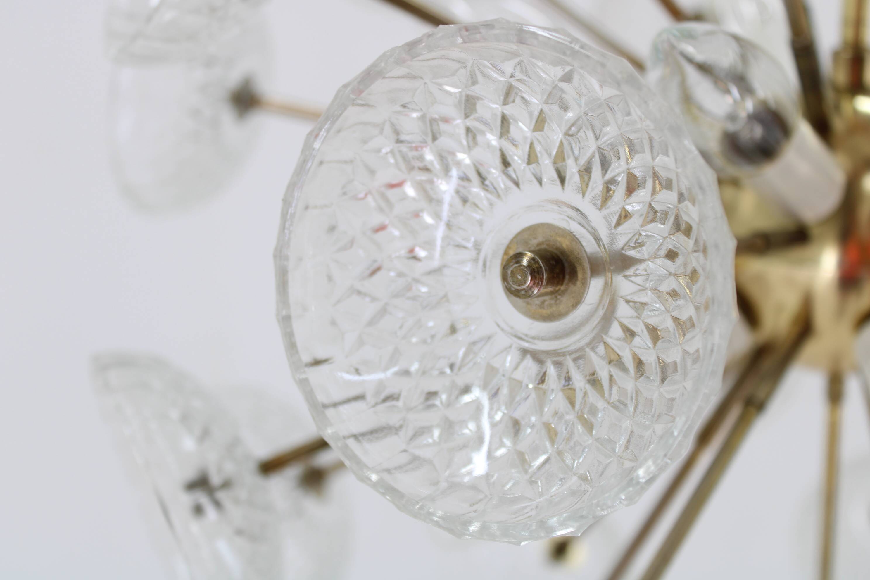 1970s Glass Dandelion Chandelier in Brass Finish by Kamenicky Senov, Czechoslovakia