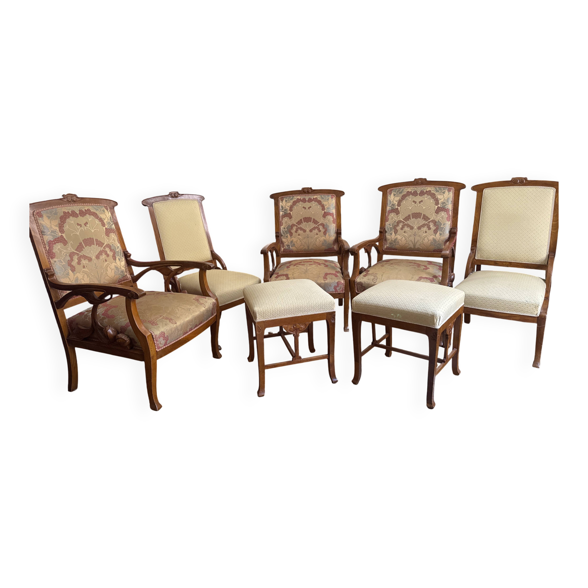 Salon 1900 signed by architect Basilé, 3 armchairs, 2 chairs, 2 ottomans.