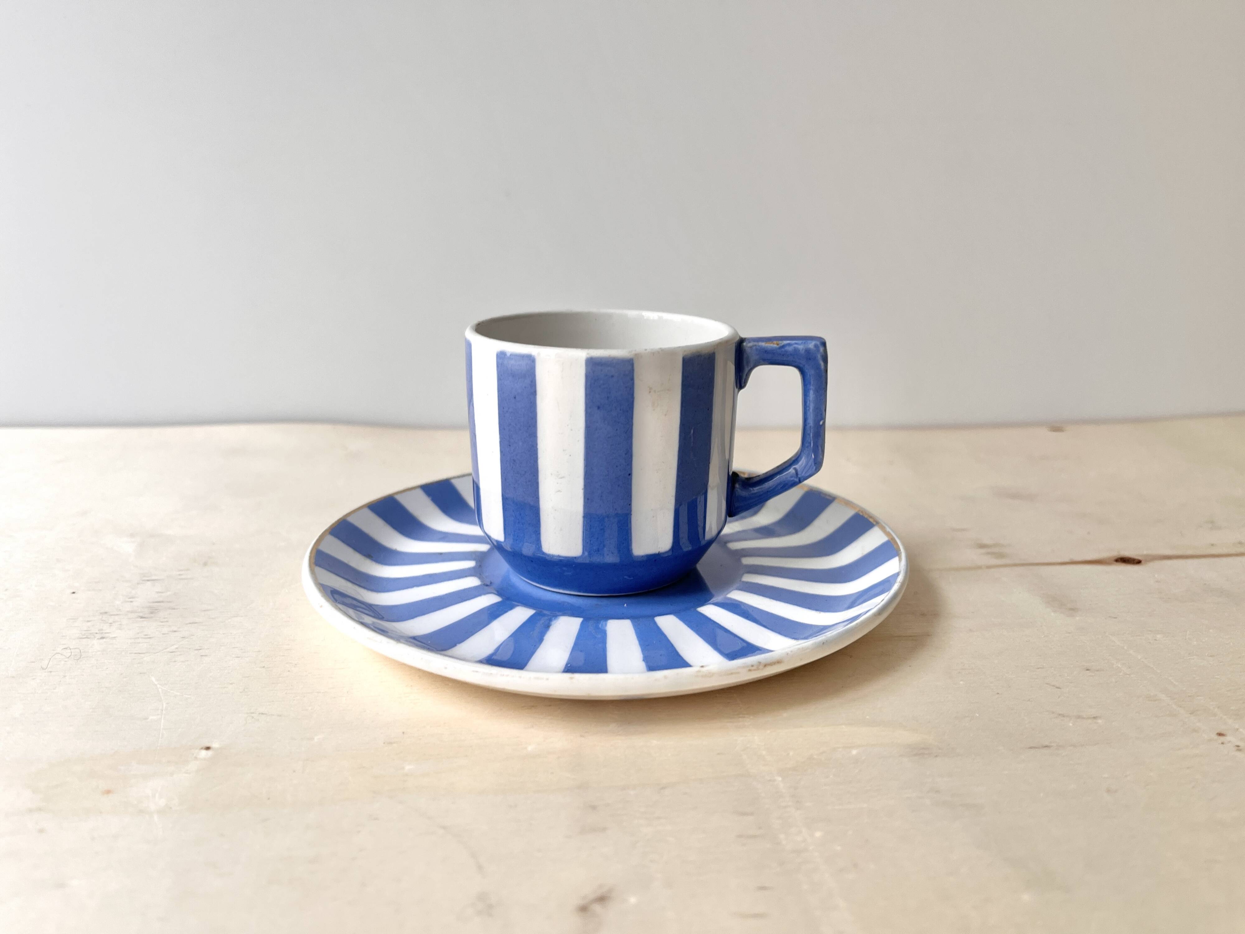 Vintage fox trott coffee cup sarreguemines, art deco striped service.
