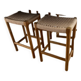 Solid wood stool with hand-woven seat