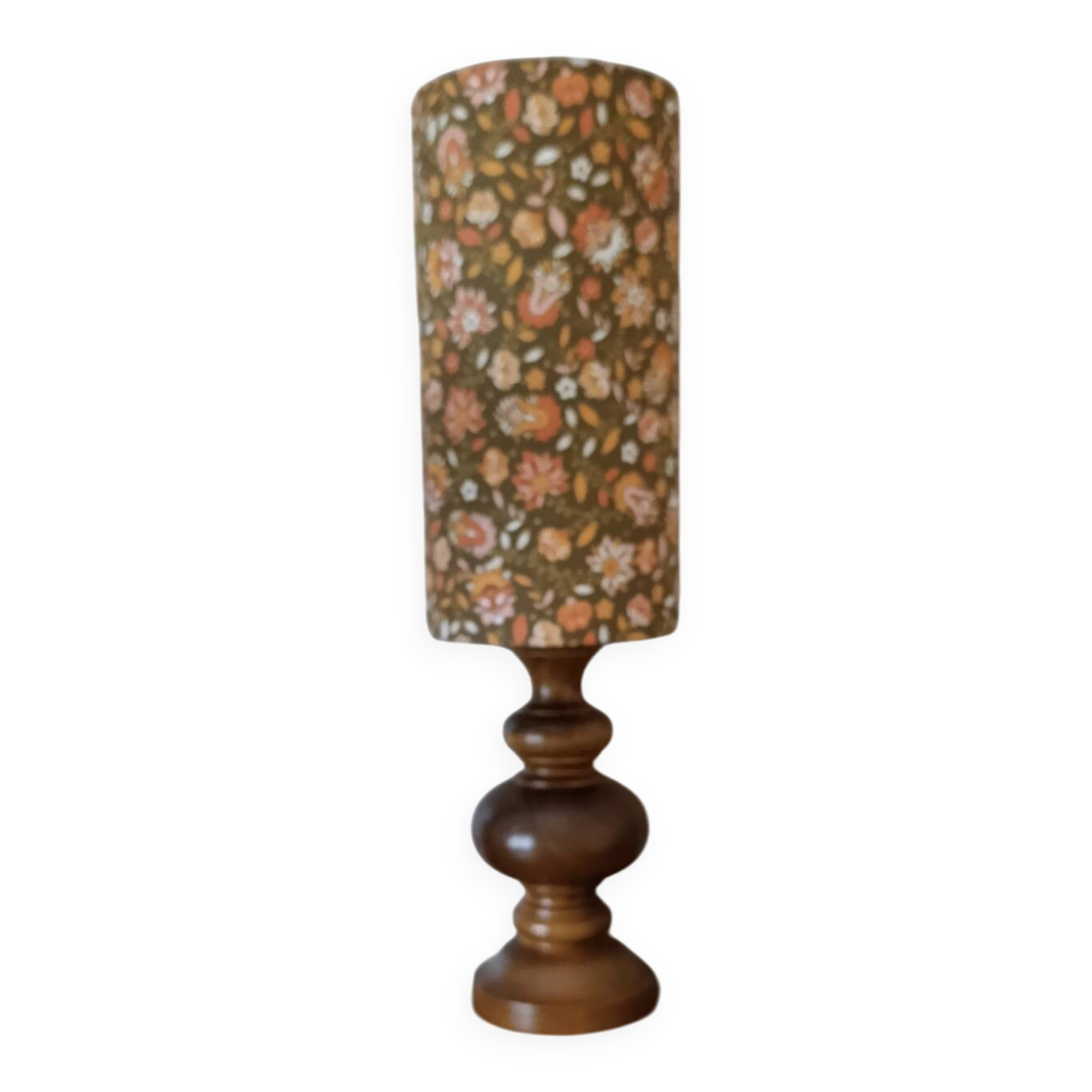 rustic wood lamp, vintage seventies lampshade with floral print