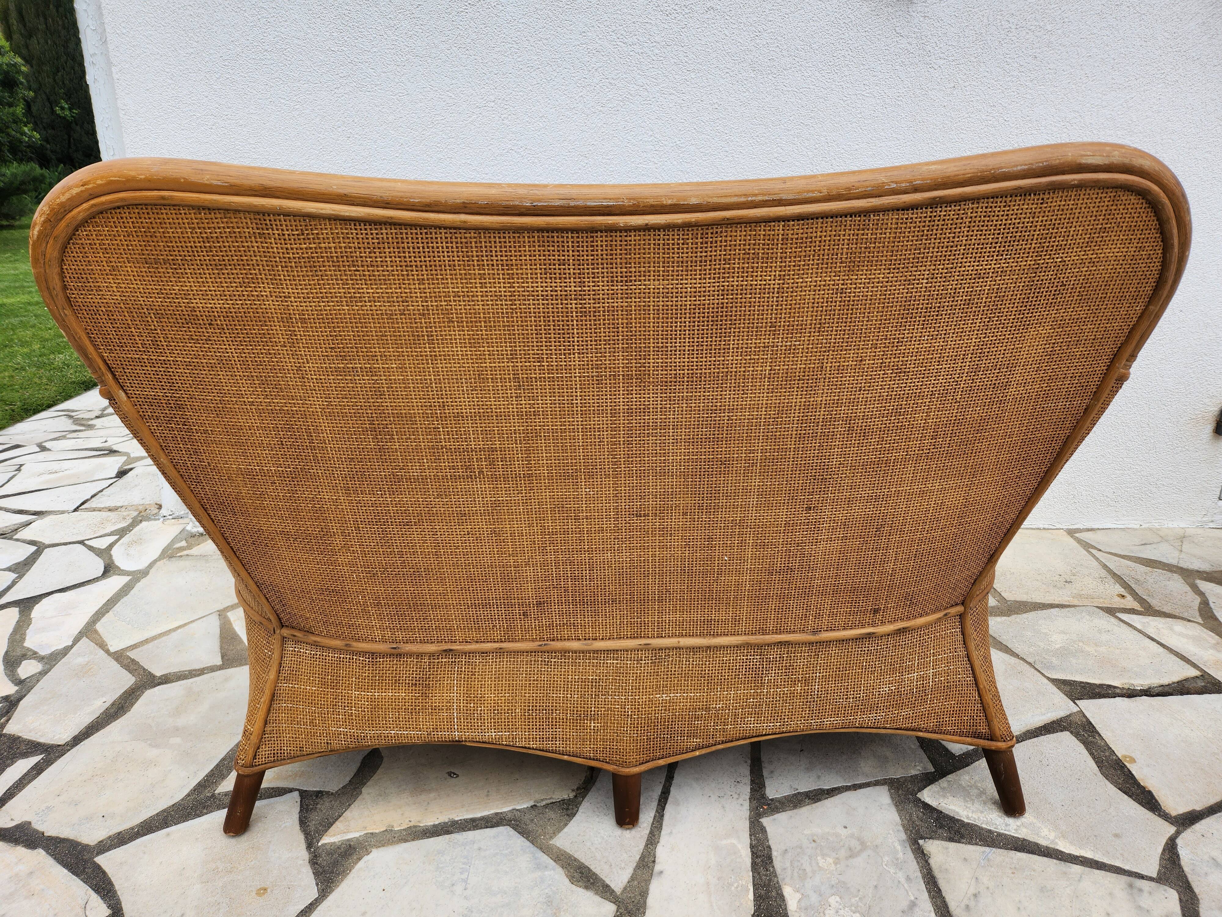 Vintage bench 2 places in rattan and woven rice straw.