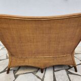 Vintage bench 2 places in rattan and woven rice straw.
