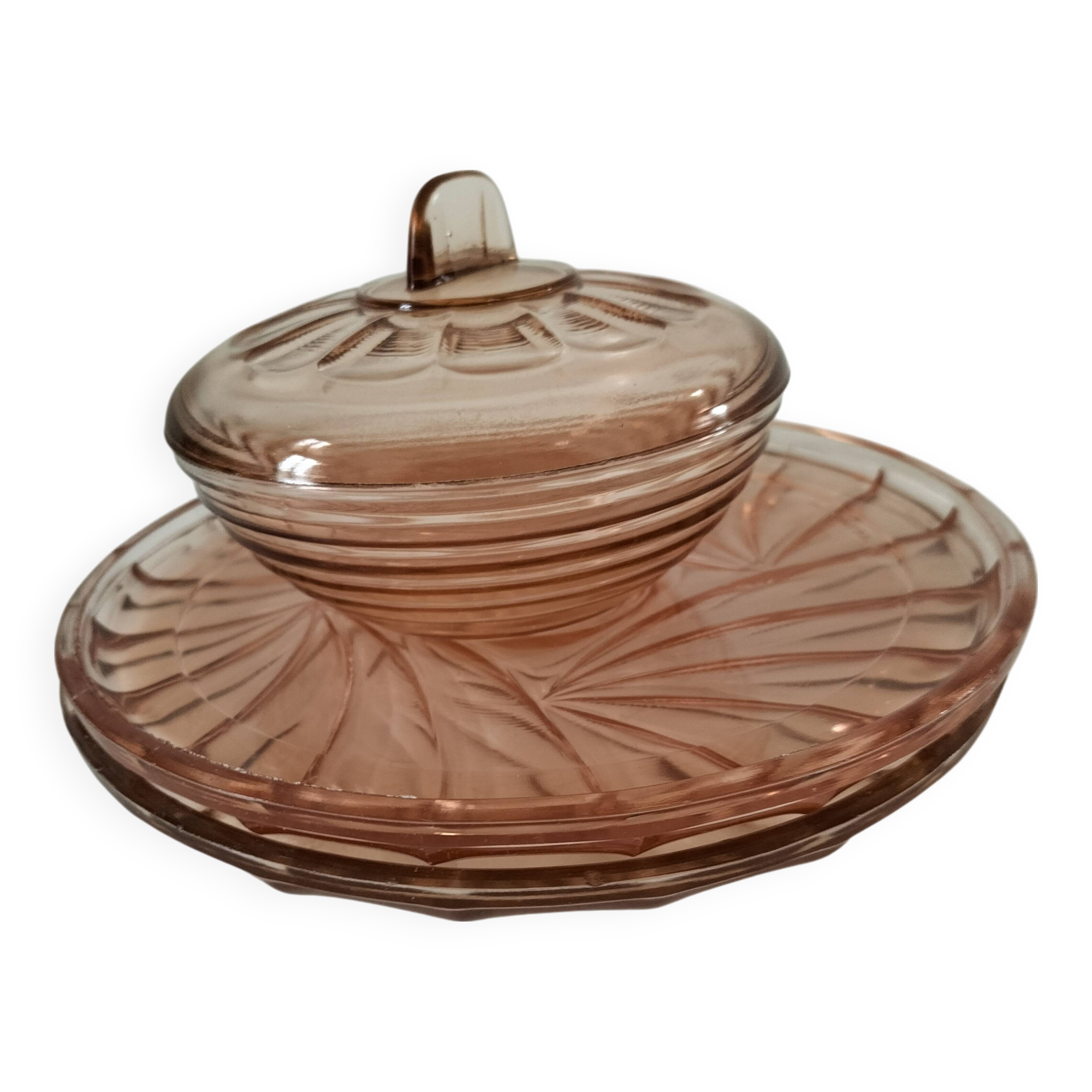 Orange-pink pressed glass trio