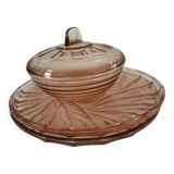 Orange-pink pressed glass trio