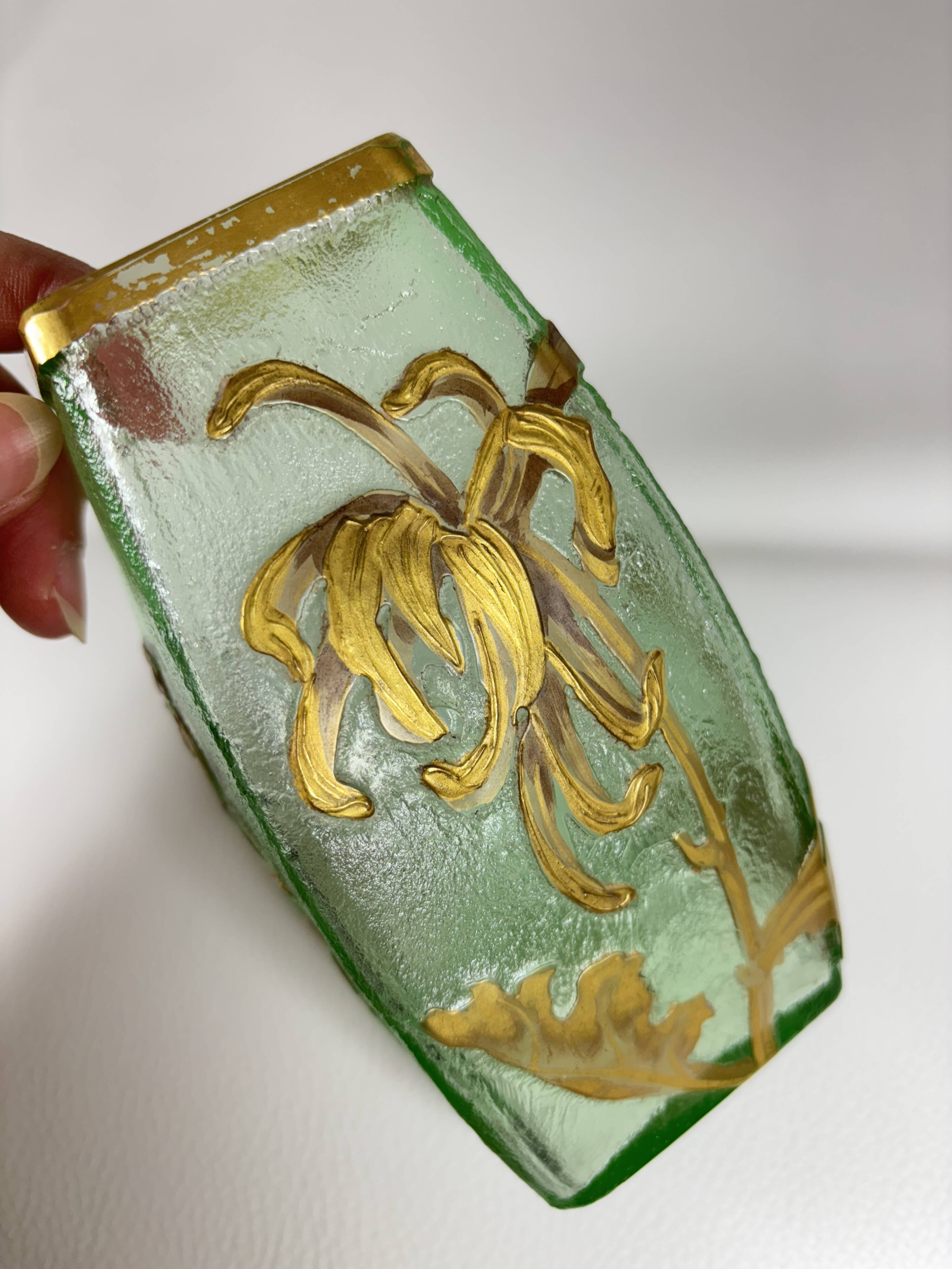 Montjoye Legras vase with frosted green and gold chrysanthemums