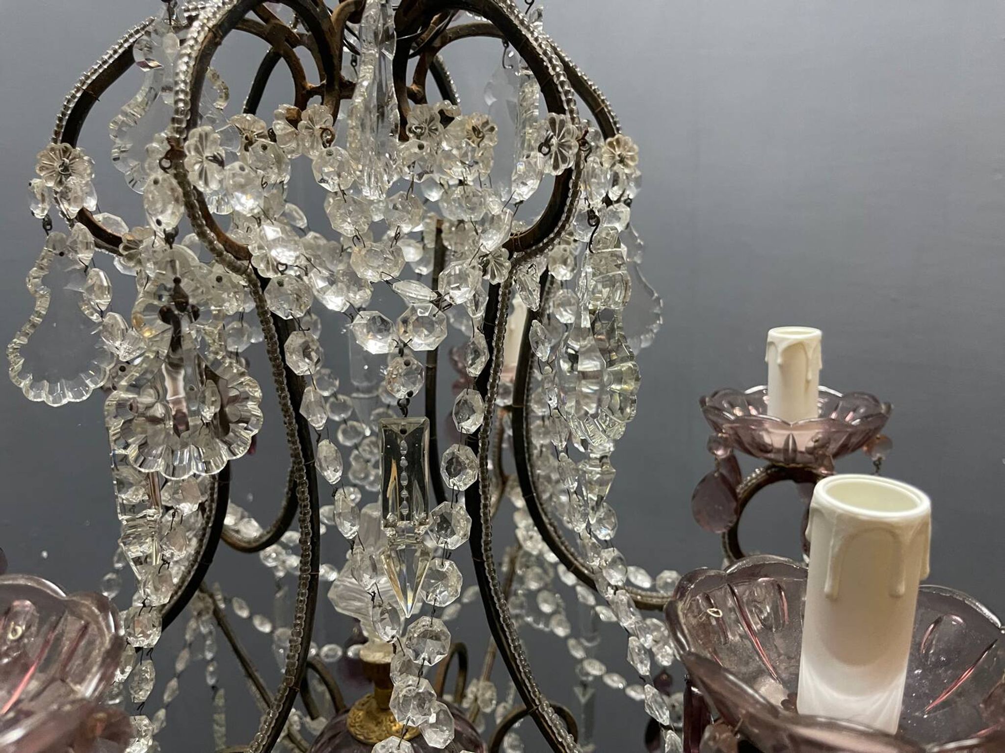 Vintage Italian Crystal Beaded Chandelier with Lilac Glass Bobeches, 1