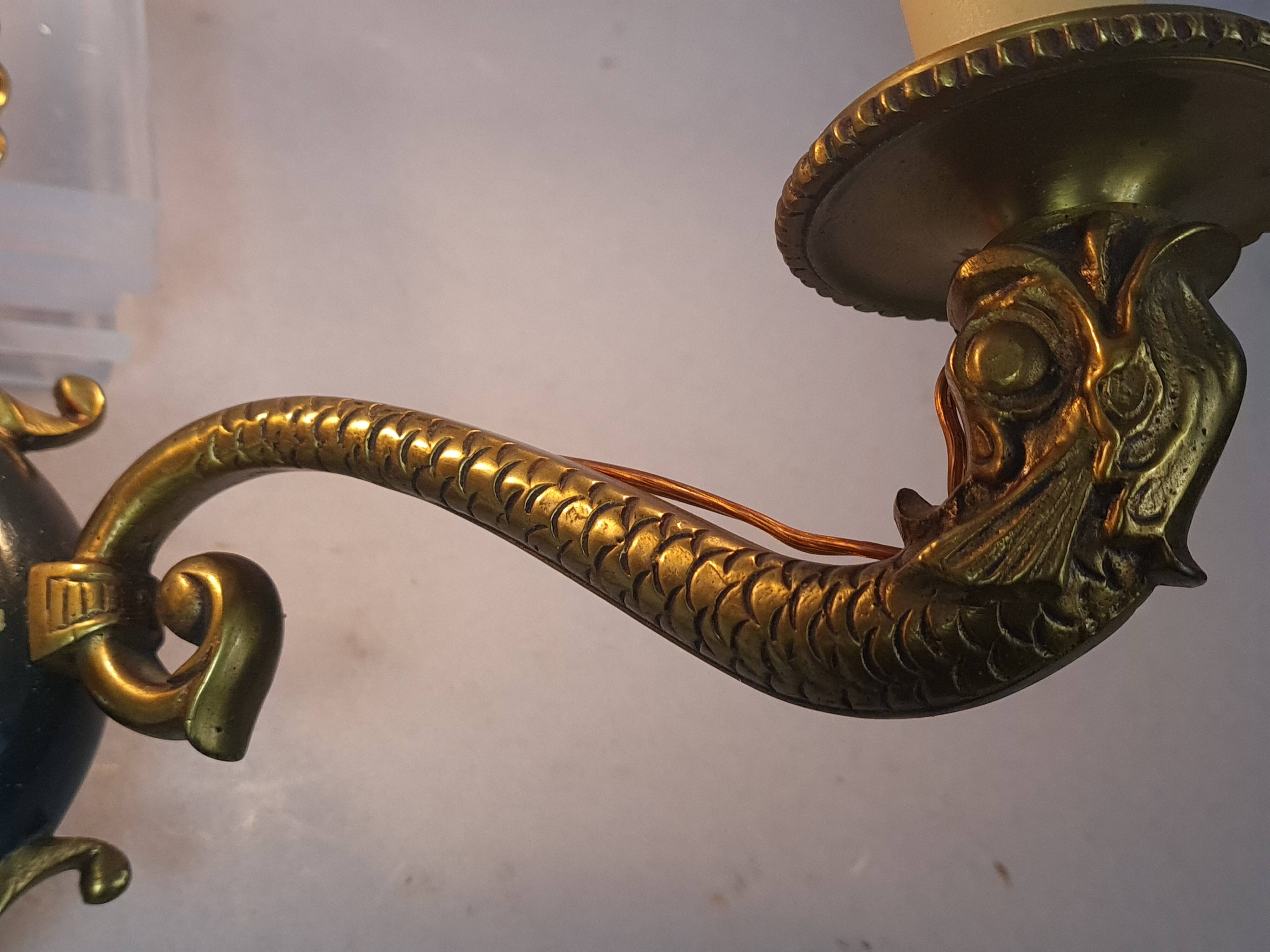 Paire anciennes appliques style Empire dauphins & palmes bronze C859