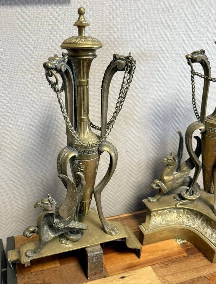 Pair of very large castle andirons in gilded bronze from the Napoleon III period