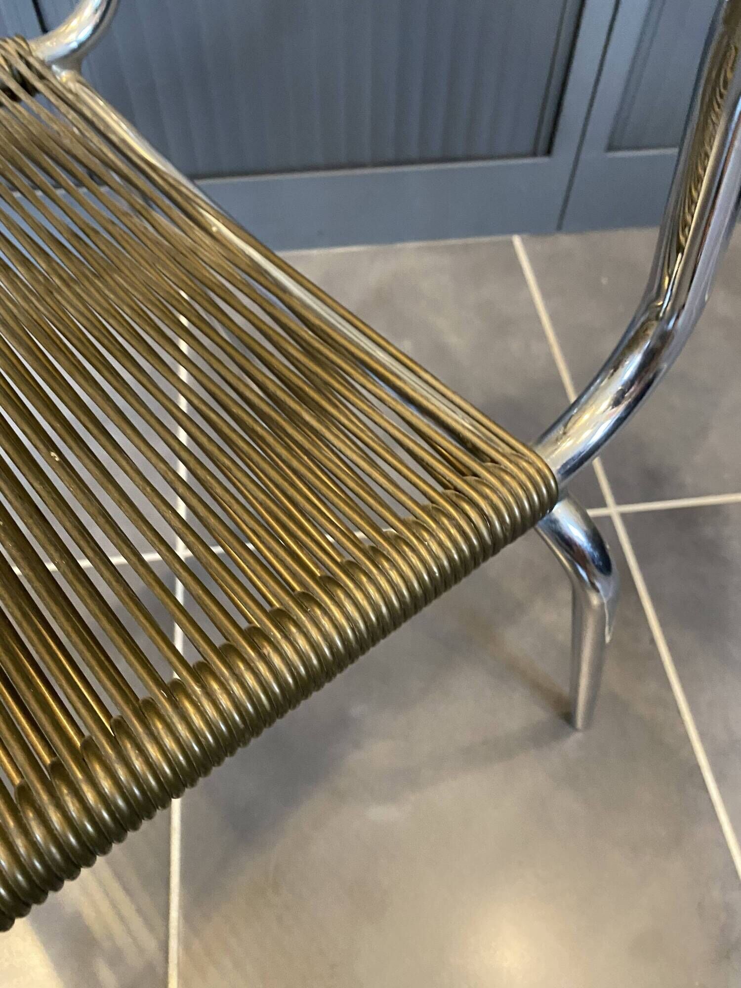 Scoubidou chair or vintage 1960s khaki green chrome spaghetti chair
