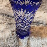 Bohemian vase in cut crystal with blue overlay.