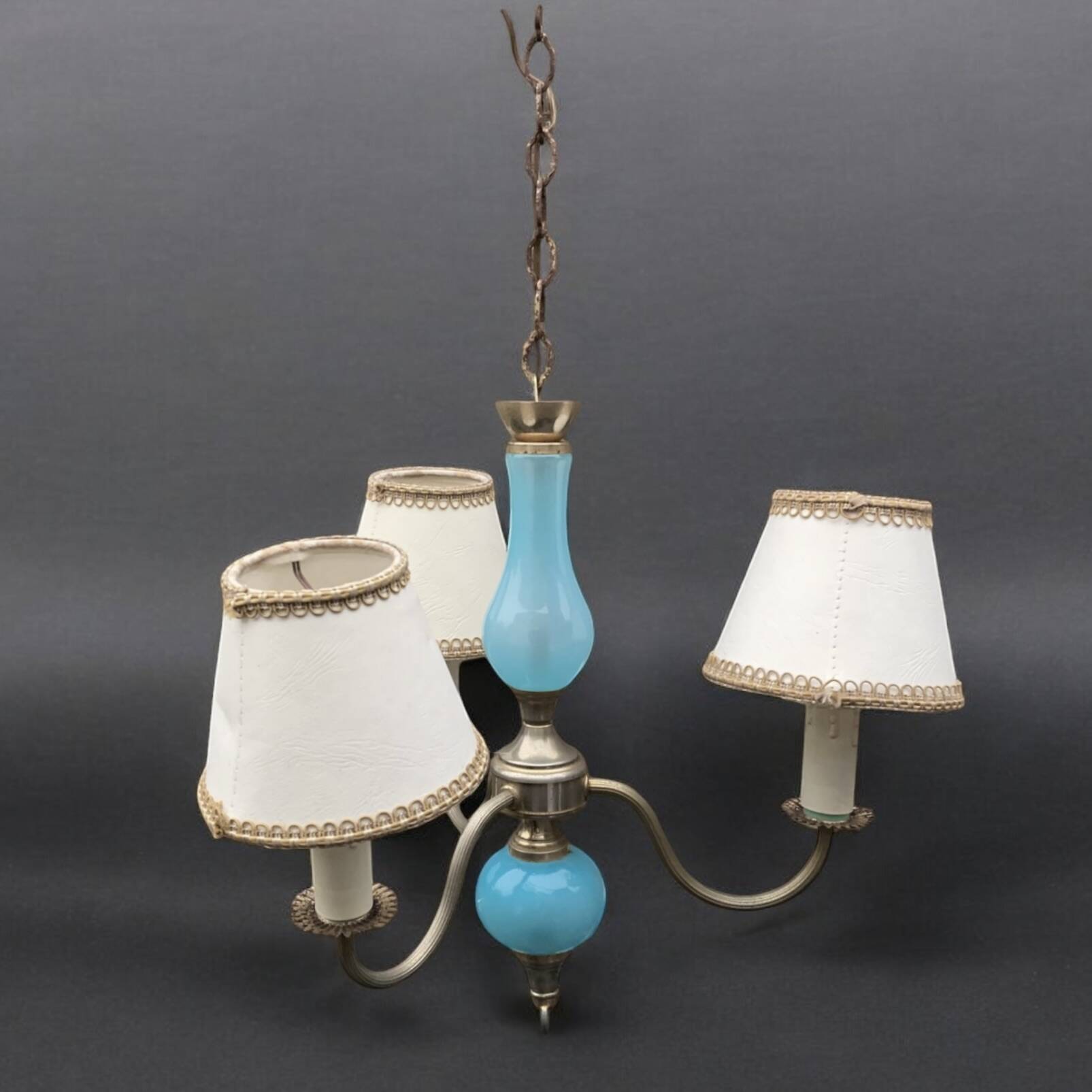 Turquoise opaline and vintage metal chandelier - 3 arms