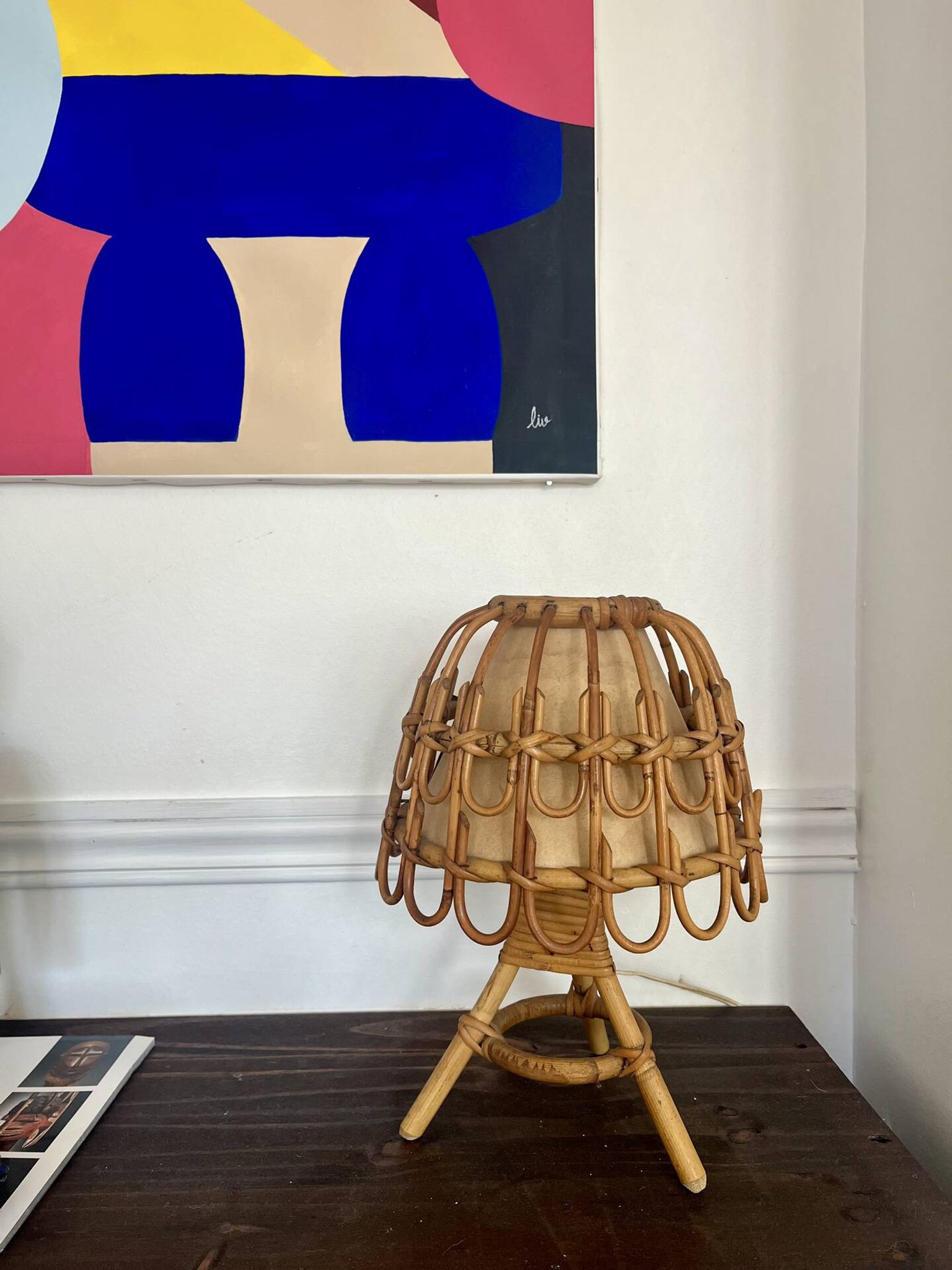 Mid-Century Rattan and Wicker Lamp by Louis Sognot, France, 1960s.